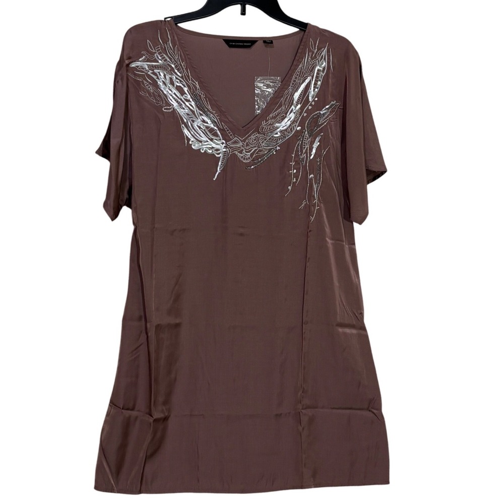 CV by Cynthia Vincent Brown Embroidered Beaded V-Neck Shift Dress Womens Small